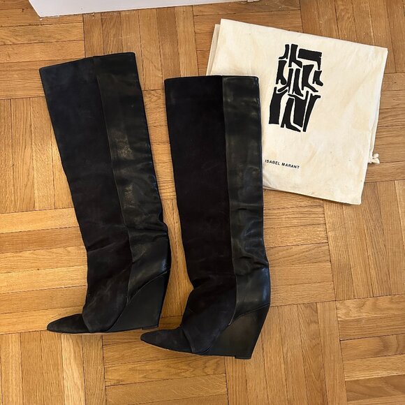 Isabel Marant Sheila Black Suede/Leather Knee High Wedge Boot 4in/100mm Size 40 - Picture 4 of 5